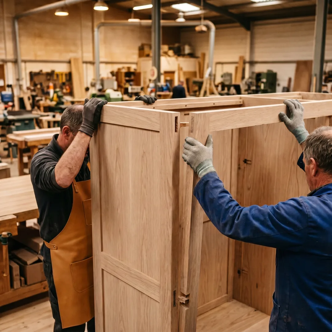 Craftsmen assembling a solid-oak cabinet in our workshop